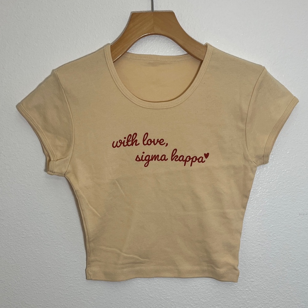 With Love Sigma Kappa College Sorority Light Yellow Red Cropped Tee